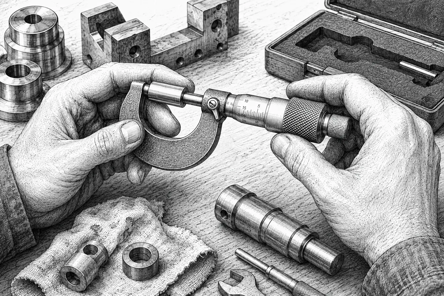 ilustrasi penggunaan mikrometer sekrup untuk pengukuran